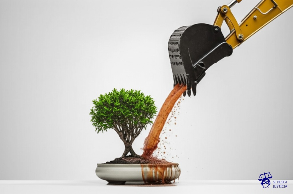 Un pequeño y delicado bonsai (el pueblo originario), plantado en una maceta de cerámica fina, siendo regado con un chorro de agua turbia y aceitosa proveniente de una enorme excavadora (proyecto extractivo). Representa: Vulnerabilidad de los pueblos originarios frente a proyectos extractivos