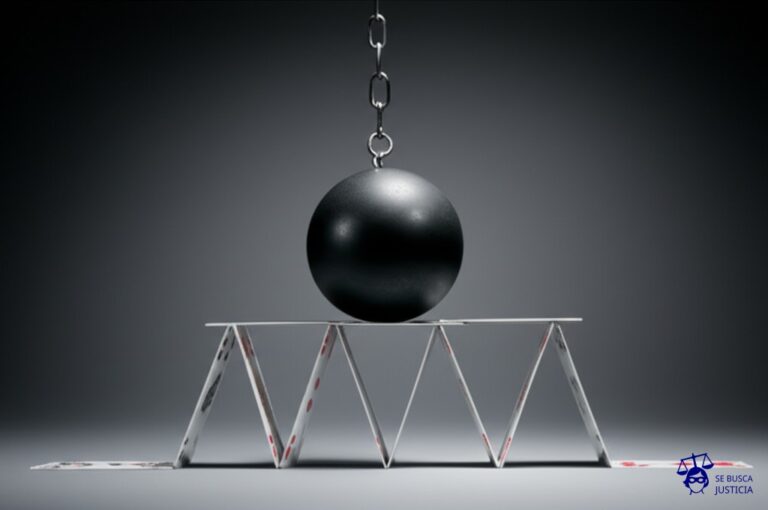 Un castillo de naipes con una única carta faltante en la base, y sobre el castillo, una gran bola de demolición a punto de impactar. Representa: Vulnerabilidad de software por omisión de actualizaciones de licencia