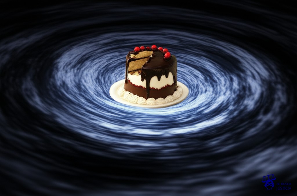 Un gran pastel de cumpleaños, impecable y perfectamente decorado, siendo devorado vorazmente por un agujero negro. Representa: Vulneración de principios constitucionales por la administración