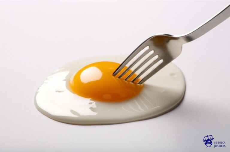 Un gran huevo frito (el arte de la exposición) con un tenedor gigante (la demanda) intentando pincharlo, pero el huevo es demasiado resbaladizo y el tenedor se desliza. Representa: Yoko Ono fue demandada por derechos de autor por imágenes usadas en exposiciones retrospectivas