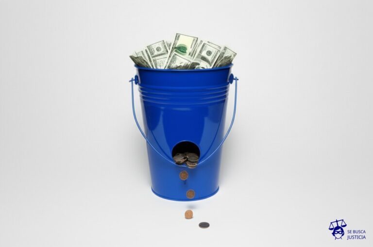 Un gran balde lleno de dinero desbordándose, con un pequeño agujero en el fondo por el que se escapan unas pocas monedas. Representa: Zanele Muholi fue criticada por usar fondos públicos para obras consideradas sexualmente explícitas