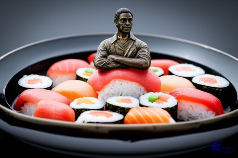 Un gran plato de sushi, con una sola pieza colocada torpemente en una escultura de bronce en un parque. Representa: Zhang Huan fue multado por usar carne cruda en instalaciones en espacios públicos