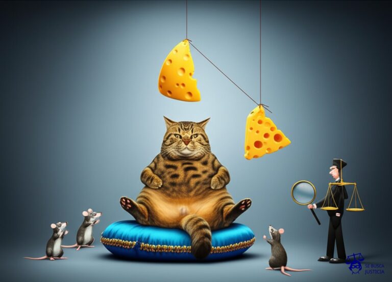 Un gato gordo y satisfecho (el asegurado) sentado en un cojín de seda, rodeado de un grupo de ratones (los beneficiarios) que intentan, sin éxito, alcanzar un gran trozo de queso (la indemnización) colgado muy alto, mientras un juez (una balanza) observa la escena, con una lupa enfocada en un pequeño hilo invisible (la condición) que sujeta el queso. Representa: Conflicto por el pago de la indemnización en un seguro de vida con beneficiario condicionado, donde se discute si se cumplió la condición. Los beneficiarios demandan el pago. El mecanismo legal es la interpretación de la voluntad del asegurado y la prueba del cumplimiento de la condición impuesta.