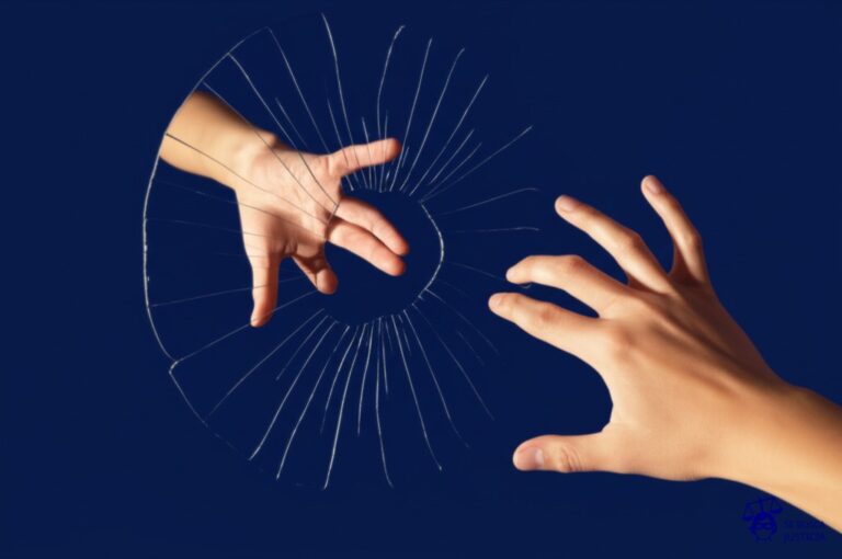 Un **espejo roto** con un **trozo faltante** (el nuevo beneficiario) y una **mano** (el beneficiario original) intentando agarrar el reflejo de la persona (el asegurado), pero solo logrando tocar el vacío. Representa: Conflicto por la designación de un beneficiario revocable en un seguro de vida, cuando el asegurado lo modifica sin notificarlo fehacientemente al beneficiario original. El beneficiario original, al conocer el deceso, reclama el pago. El mecanismo legal se basa en la prueba de la notificación o la aceptación tácita.