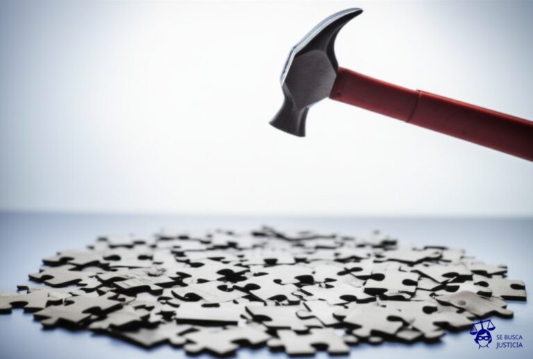 Un rompecabezas a medio armar, con piezas de diferentes tamaños y formas, y un martillo flotando sobre él. Representa: Conflicto por la realización de tratamientos estéticos o cambios de identidad de género en menores, cuando los padres no están de acuerdo o existe duda sobre la madurez del niño para tomar esa decisión.