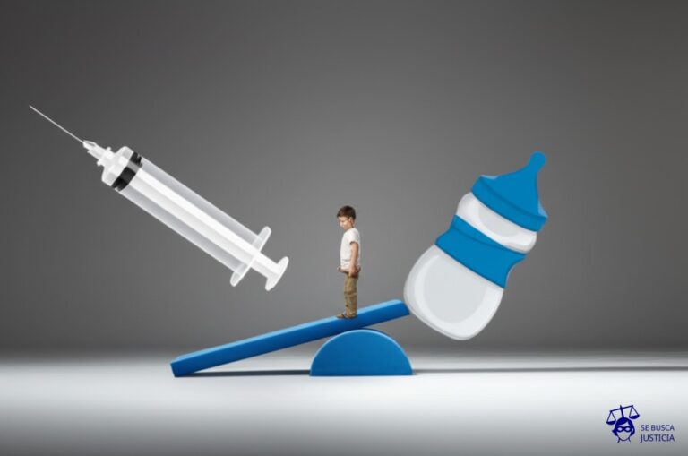 Un balancín. En un extremo, una jeringa gigante. En el otro, un biberón gigante. En el centro, un niño pequeño, de pie, con expresión de desconcierto. El balancín está atascado, sin poder moverse. Representa: Conflicto sobre la vacunación de hijos menores cuando los padres tienen posturas opuestas y no logran un acuerdo, lo que puede poner en riesgo la salud pública y del propio menor. Exige decisión judicial.
