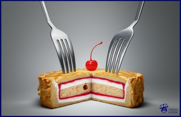 Un gran pastel dividido a la mitad. En una mitad, una gran porción con una cereza encima (representando a los niños) está siendo devorada vorazmente por un tenedor gigante. La otra mitad del pastel, intacta, es observada con frustración por otro tenedor más pequeño, pero decorado de forma más elaborada. Representa: Conflictos por el uso de la vivienda familiar post-divorcio, especialmente cuando hay hijos menores de edad. La decisión judicial prioriza el interés superior de los niños, asignando el uso al progenitor que los tenga a su cargo, independientemente de la titularidad.