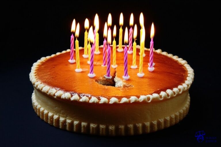 Un pastel de cumpleaños grande y aparentemente perfecto, con múltiples velas encendidas. Alguien (no visible) está a punto de soplar las velas, pero un pequeño agujero en el centro del pastel, con una migaja desprendida, revela una estructura interna hueca y frágil. Representa: Conflictos por la validez constitucional de tratados de integración regional que implican la cesión de soberanía y su impacto en el derecho interno.