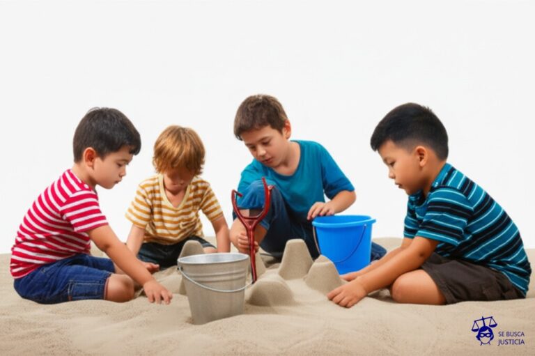 Un grupo de niños peleando por un balde de arena, con un solo rastrillo oxidado en medio. Algunos niños ya están construyendo castillos, mientras otros intentan quitarles la arena. Representa: Controversias sobre la aplicación del derecho espacial internacional para la explotación de recursos en la luna o asteroides lo que genera un debate sobre si estas actividades son patrimonio común de la humanidad o pueden ser apropiadas por un Estado