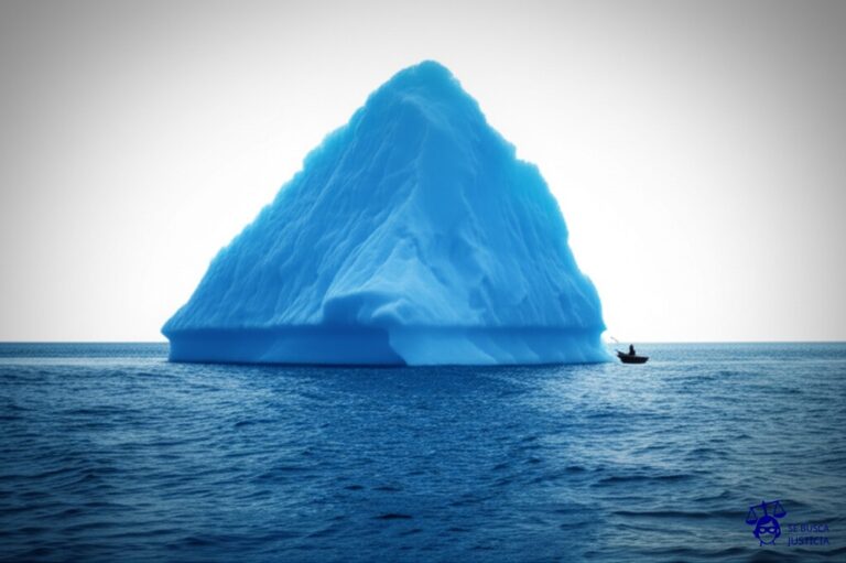Un gran iceberg (la aseguradora) flotando tranquilamente, con un pequeño bote (el demandante) chocando contra él. El iceberg simplemente ignora el impacto. Representa: Cuestionamiento de la legitimación pasiva de la aseguradora en un juicio, cuando el tercero damnificado la demanda directamente sin demandar al asegurado. La aseguradora invoca la falta de un vínculo contractual directo. El mecanismo legal se basa en el art. 118 de la Ley de Seguros y la citación en garantía como un paso necesario.