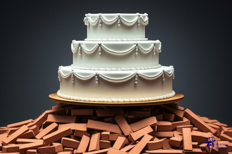 Un pastel de bodas imponente, elegantemente decorado, a punto de ser cortado. Sin embargo, la base del pastel está hecha de un montón de ladrillos torcidos y desiguales. Representa: Cuestionamiento de la validez de un arbitraje internacional por evidencia de corrupción o conflicto de intereses de los árbitros