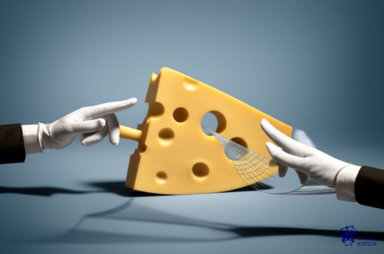 Un gran trozo de queso suizo (representando el auto) con múltiples agujeros (representando el cuestionamiento y la falta de interés asegurable). Una mano (el tomador del seguro) intenta agarrarlo desesperadamente, pero solo puede meter el dedo por uno de los agujeros. Otra mano (la aseguradora) con un guante blanco lo empuja (rechazo del siniestro), mientras que una sombra difusa (la jurisprudencia) extiende una red invisible (el interés en la posesión de buena fe) para intentar atrapar el queso, pero la red es más pequeña que el queso. Representa: Cuestionamiento sobre el interés asegurable en un seguro de automotores, cuando el titular registral no coincide con el tomador del seguro. La aseguradora rechaza el siniestro por falta de interés asegurable. El mecanismo legal se basa en la jurisprudencia que reconoce el interés en el poseedor de buena fe, aunque no sea el titular registral.