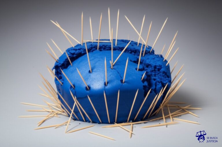 Un gran pastel desmoronándose, sostenido precariamente por palillos de dientes. Algunos palillos están rotos o doblados, y a su alrededor hay migajas. Representa: Cuestionamientos a la constitucionalidad de la legislación que regula los partidos políticos, incluyendo aspectos de financiamiento y participación.