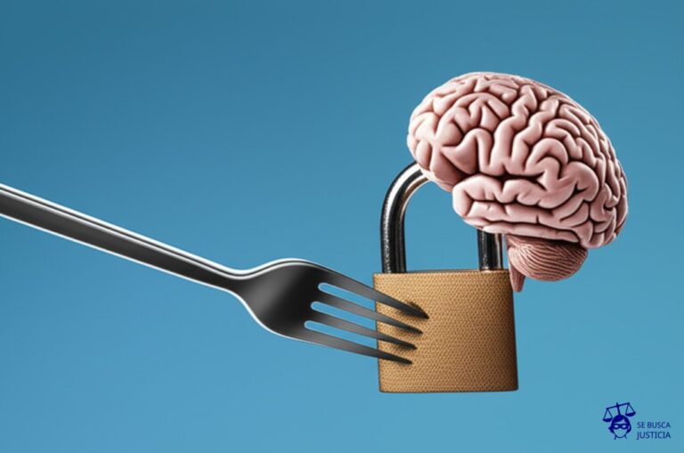 Un candado oxidado y enorme, con forma de cerebro, intentando ser abierto con un tenedor de plástico. Representa: Cuestionamientos a normativas sobre propiedad intelectual y su relación con el derecho a la cultura y el acceso al conocimiento.