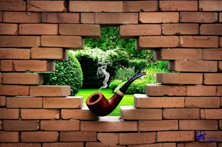 Un gran agujero en una pared de ladrillos, a través del cual se ve un jardín soleado y floreciente. El agujero tiene la forma de una pipa. Representa: Declaración de inconstitucionalidad de la incriminación de la tenencia de estupefacientes para consumo personal, basada en el artículo 19 de la Constitución Nacional sobre actos privados.