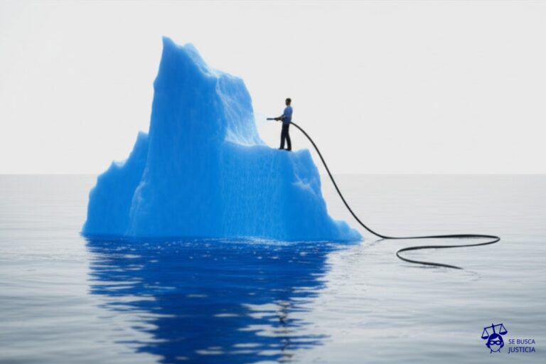 Un gran iceberg (Consejo de Seguridad de la ONU) con una grieta enorme, de la cual sobresale un pequeño iceberg (Estado miembro) que está usando una manguera para rociar agua (armas) sobre el iceberg principal. Representa: Desacato a un embargo de armas impuesto por el Consejo de Seguridad de la ONU por un Estado miembro lo que socava la efectividad de las medidas de seguridad colectiva y la autoridad de la organización en la resolución de conflictos