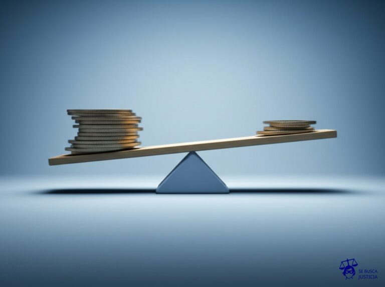Un balancín. En un lado, una pila de monedas grande. En el otro lado, una pila de monedas mucho más pequeña, aunque ambas representan el mismo tipo de moneda. Representa: Discriminación salarial donde se verifica disparidad de trato remuneratorio para el mismo puesto de trabajo, afectando el principio constitucional de igual remuneración por igual tarea.