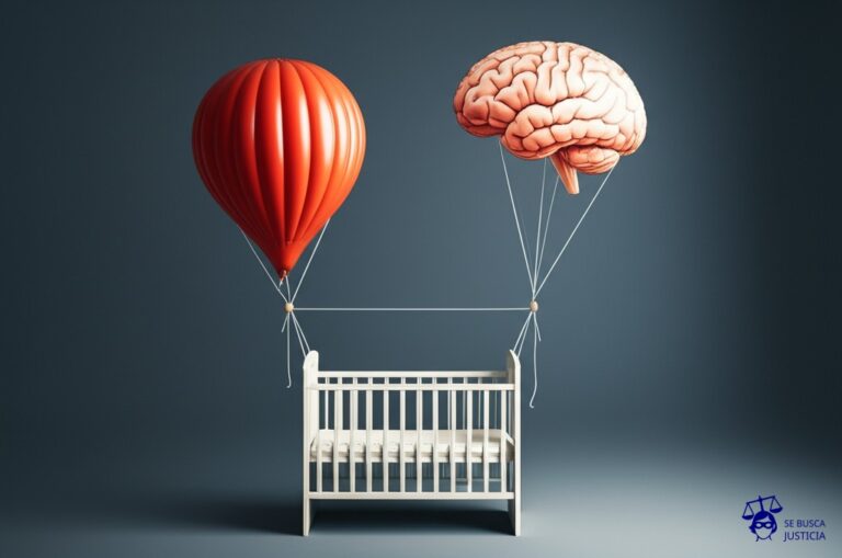 Dos globos aerostáticos, uno con la forma de un corazón y otro con la forma de un cerebro, atados por una cuerda, tirando en direcciones opuestas sobre una cuna vacía. Representa: Disputa por la elección del nombre o nombres de pila de un recién nacido, cuando los padres no logran un acuerdo. La situación puede requerir la intervención del registro civil o de un juez para tomar la decisión final.
