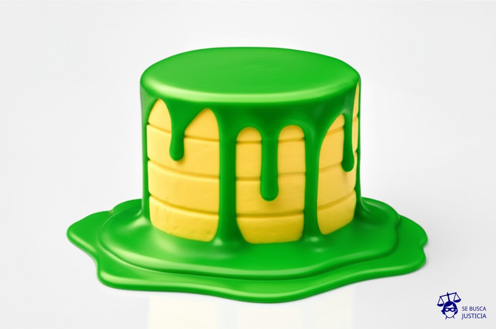 Un gran pastel con un glaseado brillante y apetitoso, pero con una gruesa capa de excremento verde tóxico en su base, que se extiende y gotea hacia el territorio adyacente. Representa: Disputa por la gestión de desechos tóxicos transfronterizos que contaminan el territorio de otro Estado lo que genera un conflicto sobre la responsabilidad ambiental y la necesidad de aplicar el principio de quien contamina paga