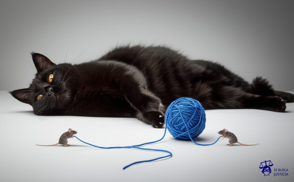 Un gato (siniestro) estirándose perezosamente sobre un ovillo de lana deshecho (la póliza), con dos ratones (las partes en disputa) tirando cada uno de un extremo del ovillo, intentando jalarlo hacia sí. Representa: Disputa por la interpretación de la palabra siniestro" en la póliza