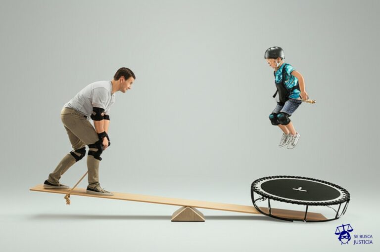 Un balancín. En un lado, un padre con un casco y rodilleras, agarrándose con fuerza a una cuerda. En el otro lado, un niño con una sonrisa radiante, a punto de saltar de un trampolín muy alto. El balancín está a punto de volcarse. Representa: Disputa por la realización de actividades deportivas o extracurriculares de alto riesgo para el menor, cuando uno de los progenitores se opone por considerar que atentan contra la seguridad o bienestar del hijo.