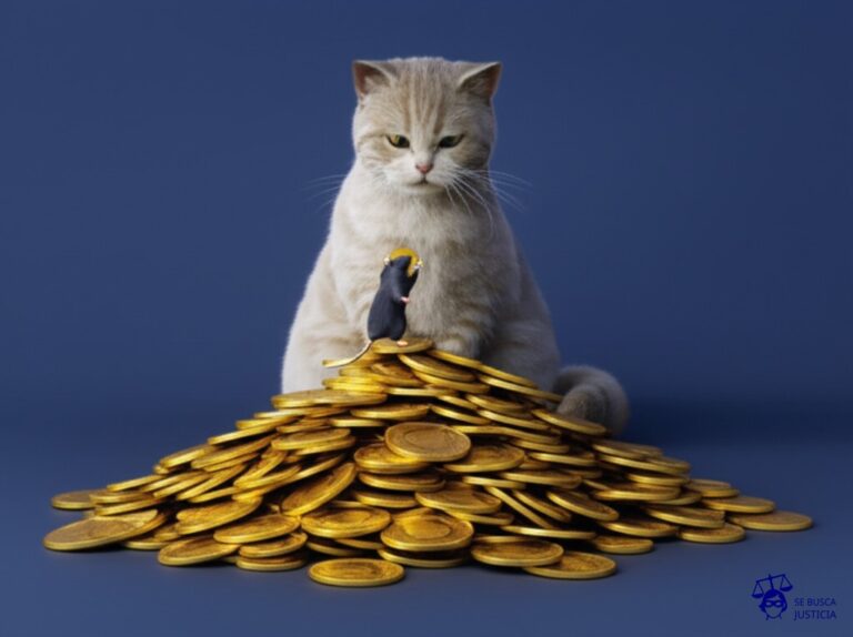 Un gato (el tutor) sentado sobre una pila de monedas de oro, con un ratón (el pupilo) intentando desesperadamente alcanzar una sola moneda que está en la cima, mientras el gato lo ignora y se lame las patas con desdén. Representa: Disputa sobre la gestión del patrimonio de un pupilo por parte de su tutor, cuando existen sospechas de irregularidades o mala administración que perjudican los intereses del menor.