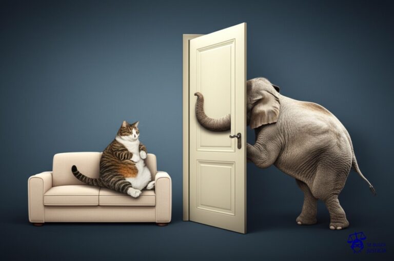 Un gato gordo (aseguradora) sentado en un sofá pequeño, intentando empujar un elefante (asegurado) fuera de la habitación, mientras el elefante se aferra a la puerta. Representa: Disputa sobre la interpretación de la póliza en casos de seguros de responsabilidad civil profesional, donde la aseguradora arguye que el daño no está comprendido en el riesgo asumido. El asegurado busca una interpretación amplia de la cobertura. El mecanismo legal es la aplicación del principio pro-consumidor en la interpretación contractual.