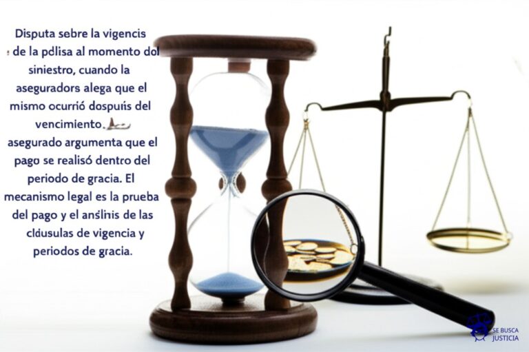 Un reloj de arena inclinado, con la arena casi vacía en la parte superior. Debajo, una balanza con un puñado de monedas en un platillo y una lupa sobre el otro. Representa: Disputa sobre la vigencia de la póliza al momento del siniestro, cuando la aseguradora alega que el mismo ocurrió después del vencimiento. El asegurado argumenta que el pago se realizó dentro del periodo de gracia. El mecanismo legal es la prueba del pago y el análisis de las cláusulas de vigencia y periodos de gracia.