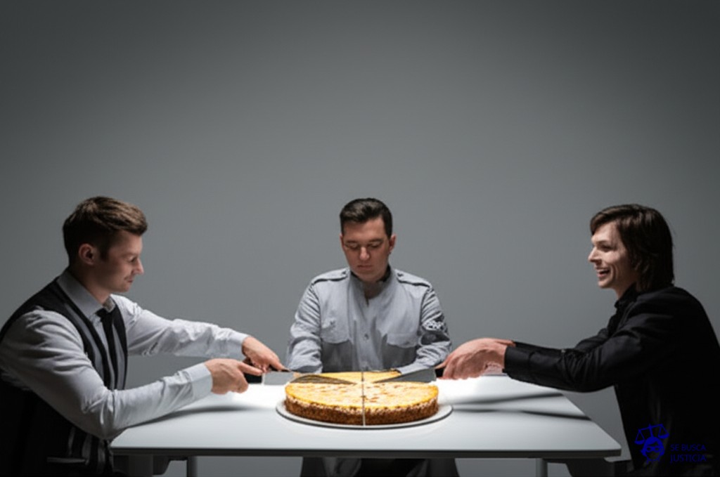 Dos personas, una a cada lado de una mesa con una torta grande en el centro. Ambos intentan cortar la torta al mismo tiempo, cada uno tirando hacia su lado con un cuchillo grande, mientras un tercero (un brazo con un uniforme neutro) aparece para cortar la torta en porciones iguales. Representa: Disputas entre Estados por la gestión y distribución de la banda de frecuencia radioeléctrica en zonas fronterizas o de uso global lo que requiere la intervención de la Unión Internacional de Telecomunicaciones para evitar interferencias y garantizar un uso equitativo del espectro