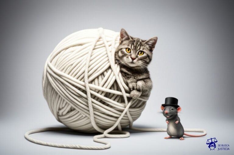 Un gato atascado en un ovillo de lana gigante, intentando desesperadamente desenredarse, mientras un ratón con un sombrero de copa lo observa con una sonrisa cínica. Representa: Disputas por garantías prendarias o hipotecarias