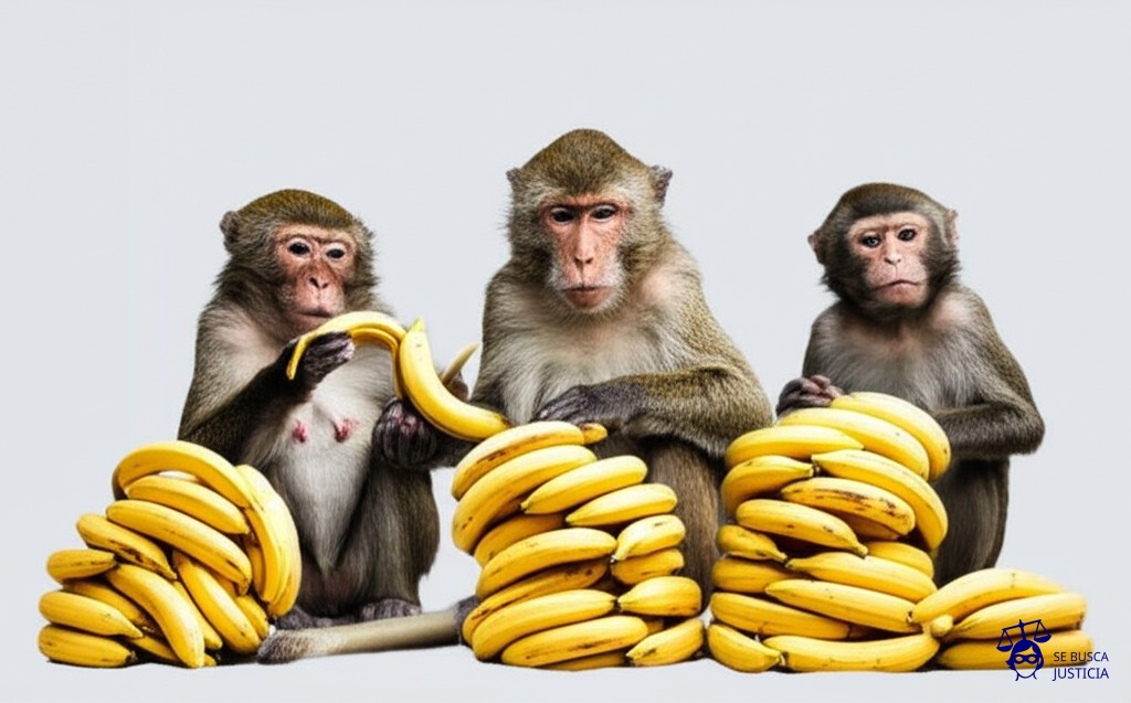 Un grupo de monos, cada uno con una pila de plátanos. Uno intenta robarle plátanos a otro, mientras un tercer mono, con una expresión de fastidio, observa la escena. Representa: Disputas por valorización de acciones en ventas o transferencias