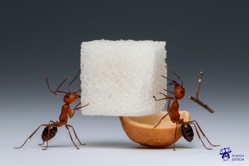 Dos hormigas cargando un gran terrón de azúcar. Una hormiga lleva una pequeña ramita en la boca, simulando un arma, mientras la otra empuja el terrón con todas sus fuerzas. El terrón de azúcar es visiblemente más grande que ambas hormigas. Luego, una de las hormigas se sube a una pequeña cáscara de nuez que simula ser un vehículo. Representa: Dos individuos cometen un robo a mano armada en una tienda de comestibles. Uno de ellos intimida al cajero con un arma de fuego mientras el otro sustrae el dinero. Ambos huyen en un vehículo robado. La acusación busca imputar la coautoría del robo agravado, pero la defensa alega que el segundo sujeto solo fue un partícipe necesario y no tuvo el arma.