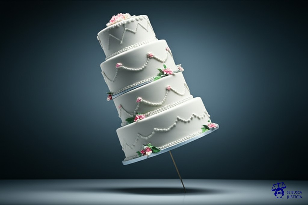 Un gran pastel de bodas aparentemente perfecto, con múltiples capas y adornos, sostenido por un único palillo de dientes visible en la base, a punto de colapsar. Representa: El comprador de una propiedad se entera de que el inmueble tiene una hipoteca oculta que le impide registrar legalmente la propiedad a su nombre. El comprador demanda al vendedor por mala fe.