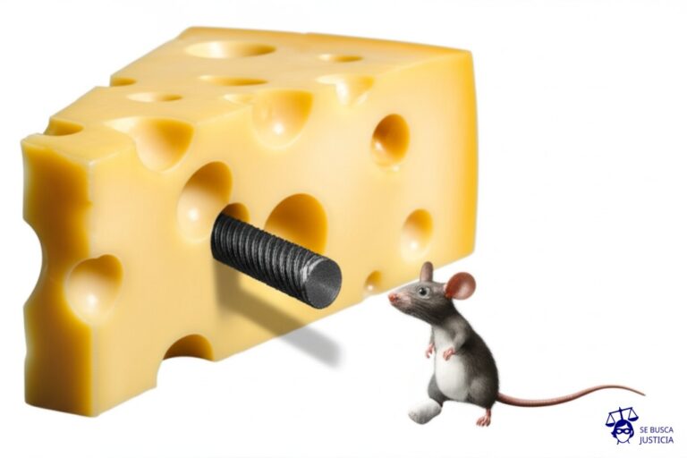 Un gran queso suizo (el edificio) con un solo agujero (el ascensor) bloqueado con una gruesa barra de hierro. Un pequeño ratón (el residente) con una pata enyesada, observa frustrado la situación. Representa: El consorcio de un edificio prohíbe el uso del ascensor para un residente con discapacidad, lo que genera una demanda por discriminación. El consorcio debe dar acceso al residente.