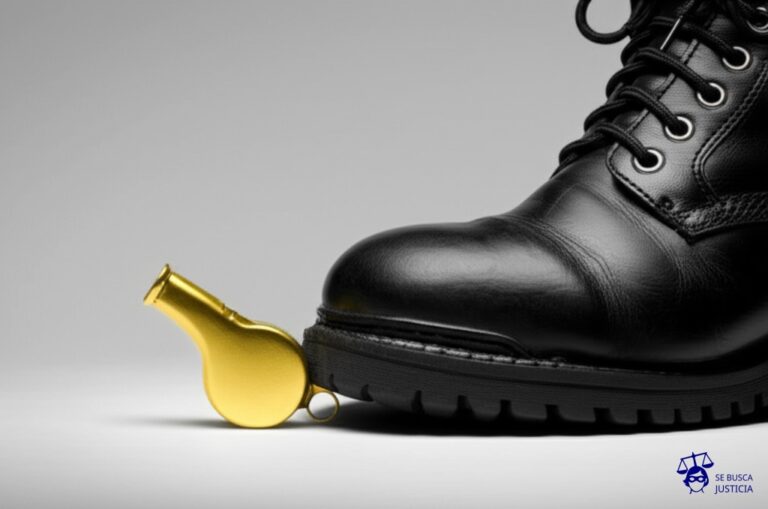 Un pequeño silbato dorado siendo aplastado por una enorme bota de goma. Representa: El despido de un trabajador por la denuncia de irregularidades laborales o de prácticas ilícitas dentro de la empresa, lo que configura una represalia por el ejercicio de un derecho, constituyendo un despido discriminatorio y habilitando al trabajador a reclamar una indemnización agravada.