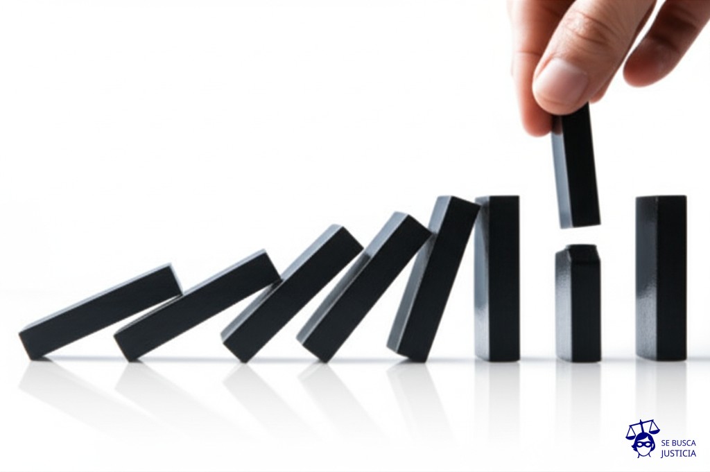 Un dominó, impecable, en una fila. El último, con una forma ligeramente distinta, es empujado por una mano invisible, haciendo caer a todos los demás, excepto a él. Representa: El despido de un trabajador por su orientación sexual, identidad de género o características personales, lo que constituye un despido discriminatorio y una violación a los derechos humanos, habilitando a la persona a reclamar una indemnización agravada por el daño moral y material sufrido.