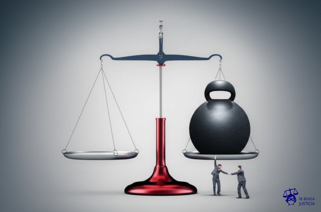 Una **balanza** con un lado vacío (representando el puesto de trabajo) y el otro lado cargado con una **pesa enorme** (representando la indemnización agravada), mientras una **persona diminuta** (el trabajador) intenta desesperadamente sujetar la pesa, visiblemente superado. Representa: El despido de un trabajador que se encuentra en período de reserva de puesto por licencia sin goce de sueldo, lo que constituye un despido discriminatorio y una violación a la protección de la salud del empleado, habilitando un reclamo por indemnización agravada.