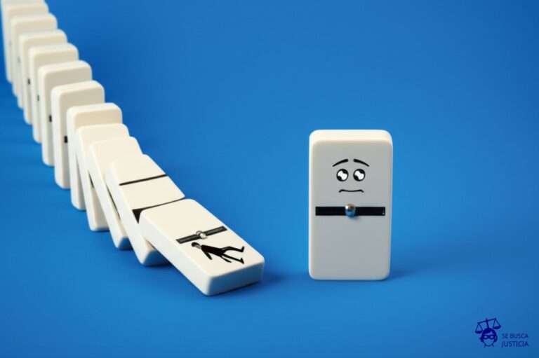 Un dominó, el primero tumbado (el trabajador accidentado), seguido por una cadena de dominós que se derrumban (su protección social y subsistencia), finalizando con el último dominó, significativamente más grande, que se mantiene en pie, observando la catástrofe con una expresión inexpresiva. Representa: El despido de un trabajador que se encuentra en situación de incapacidad por un accidente de trabajo, sin que se haya agotado el plazo de conservación del empleo, lo que genera una grave afectación a la subsistencia del trabajador y a su protección social, habilitando un reclamo por despido discriminatorio.