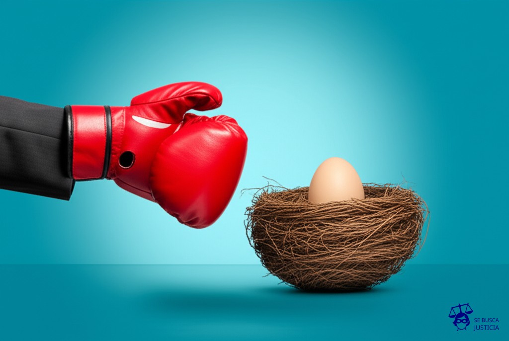 Un huevo (representando el embarazo) siendo empujado fuera de un nido (el trabajo) por una mano con un guante de boxeo. Representa: El despido de una trabajadora por su estado de embarazo, lo que constituye una discriminación por género y una violación a la tutela de maternidad, habilitando a la empleada a reclamar una indemnización agravada por el despido discriminatorio y por la violación de un derecho fundamental.