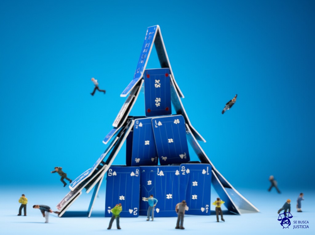 Un castillo de naipes, imponente y decorado, colapsando sobre un grupo de figuras diminutas que huyen despavoridas. Representa: El dueño de una empresa de construcción falsifica documentos para una licitación pública. Aparenta tener certificaciones de calidad y experiencia que no posee. Gana la licitación, pero durante la ejecución de la obra, los materiales de baja calidad utilizados provocan un derrumbe parcial, poniendo en peligro la vida de los trabajadores.