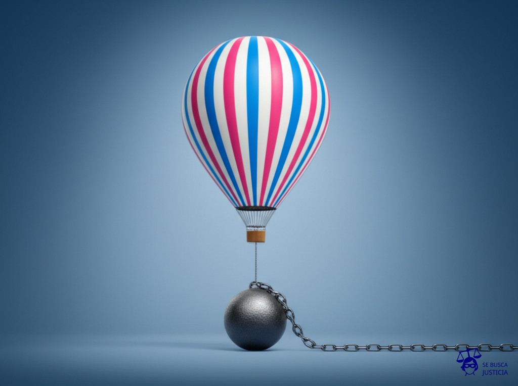 Un gran globo aerostático (la propiedad) atado al suelo por una pesada bola de demolición (la deuda) con una cadena. Representa: El dueño de una propiedad no puede venderla por una orden de embargo que tiene el inmueble por deudas. El dueño debe pagar la deuda para poder vender la propiedad.