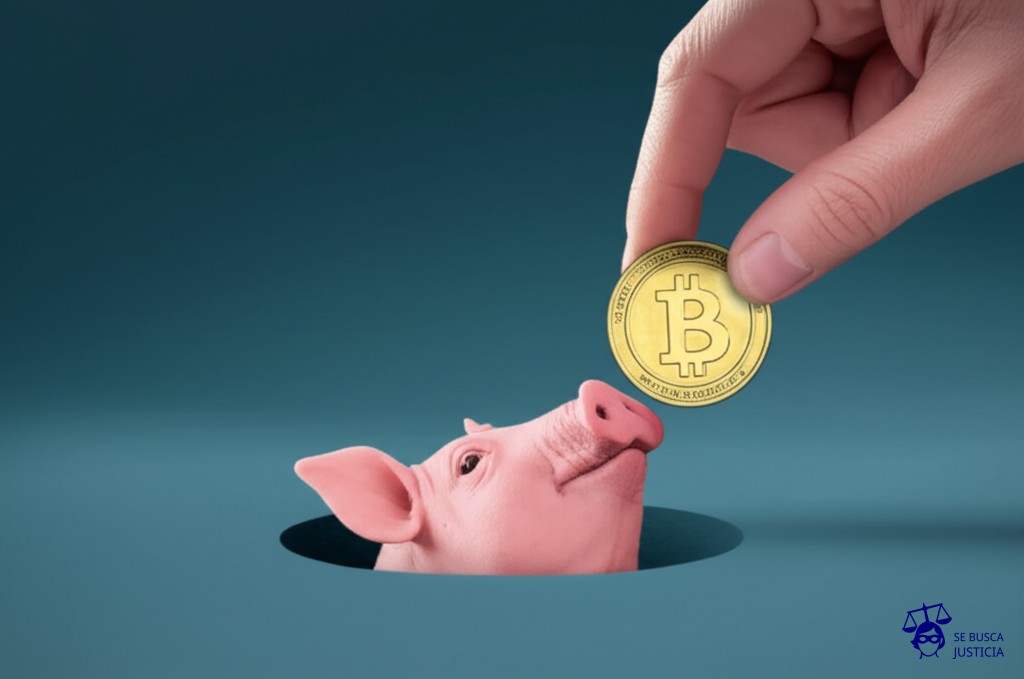 Un pequeño cerdito (representando al interesado) atascado en un agujero (la demanda) intentando sacar una moneda de oro (la seña) que está siendo empujada hacia adentro por una mano invisible (el dueño). Representa: El dueño de una propiedad se niega a devolver la seña de una reserva, a pesar de que el acuerdo no se concretó. El interesado demanda al dueño para que le devuelva el dinero.