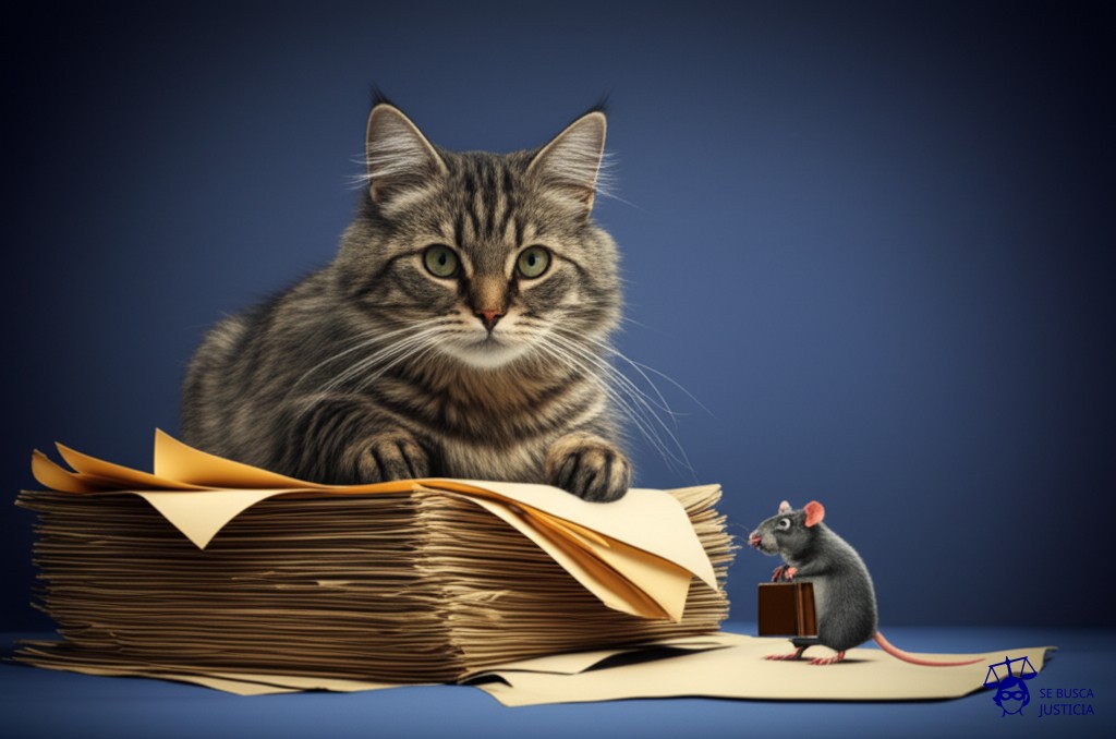 Un gato gordo, sentado sobre una pila de papeles importantes, con las garras bien clavadas. Un ratón, con un pequeño maletín, lo mira desesperado desde abajo. Representa: El dueño de una propiedad se niega a realizar la escrituración del inmueble al comprador, lo que genera un problema legal. El comprador exige la firma de la escritura por la justicia.