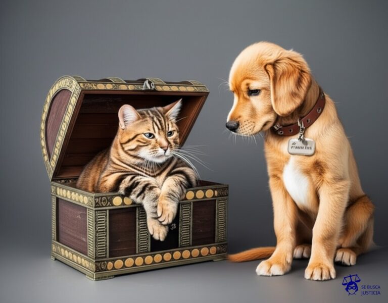 Un gato (inquilino) sentado en un cofre del tesoro (propiedad), con las patas delanteras cruzadas y mirando con desdén a un perro (propietario) que intenta asomarse por la cerradura. El perro lleva un collar con una etiqueta que dice Familia. Representa: El inquilino de una propiedad se opone a que el dueño y su familia visiten el inmueble en el futuro. El propietario reclama su derecho a la propiedad y visita la vivienda para mostrarla a familiares.