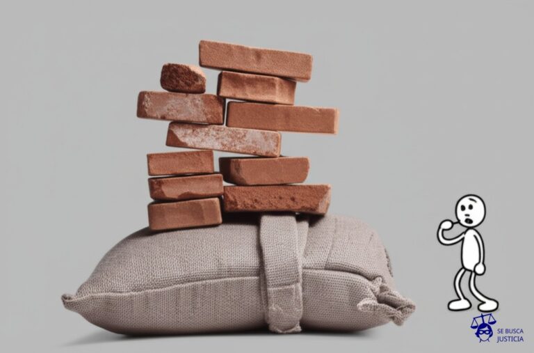 Un gran saco de arena (el dueño) está siendo aplastado por una pila de ladrillos (las expensas impagas), mientras que una pequeña figura de palitos (el inquilino) se aleja tranquilamente, silbando. Representa: El propietario de un inmueble alquila la propiedad, pero el inquilino no abona las expensas. El consorcio de vecinos demanda al dueño de la propiedad por el incumplimiento de pago.