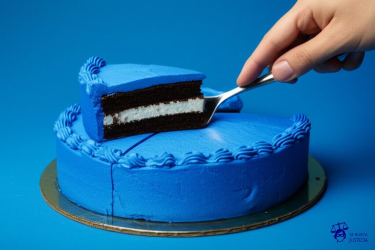 Un gran pastel (el terreno) con una rebanada ya cortada (el juicio de usucapión) que intenta ser retirada por una mano invisible. Otra mano (el propietario) intenta desesperadamente, con una cuchara, recuperar la rebanada, mientras el resto del pastel se desmorona ligeramente. Representa: El propietario de un terreno no puede venderlo por un juicio de usucapión que comenzó un tercero. El propietario debe iniciar un juicio para probar su propiedad y anular el proceso.