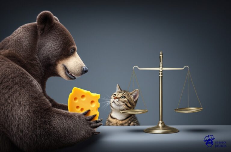 Un pequeño gato (el inquilino) atascado en un agujero (la vivienda) intentando alcanzar un gran trozo de queso (el alquiler) que está sujetando un oso enorme (el propietario) que lo mira con una sonrisa maliciosa, mientras una balanza (la legislación) se inclina desequilibrada. Representa: El propietario de una vivienda decide aumentar el precio del alquiler por encima de lo que permite la legislación vigente. El inquilino se niega a pagar el aumento y lo demanda por abuso.