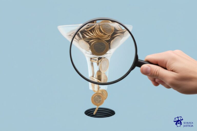 Un gran embudo transparente, lleno hasta arriba de monedas brillantes, vertiendo su contenido en un agujero negro. Una mano, con una lupa gigantesca, intenta desesperadamente mirar dentro del agujero. Representa: Exigencia de rendición de cuentas por parte del progenitor que administra la pensión alimentaria, cuando el otro duda sobre el destino de los fondos y su correcta utilización en beneficio del menor. La rendición es una obligación legal.