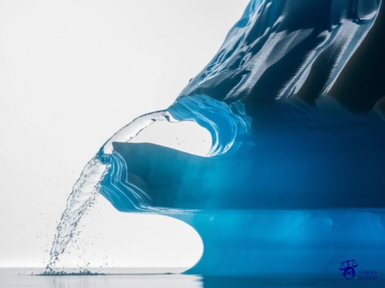 Un gran iceberg (el seguro) con un pequeño orificio (la cobertura) del que se escapa un chorrito de agua (la indemnización) mientras un iceberg mucho más pequeño y frágil (el asegurado) se estrella contra él. Representa: Fallo de cobertura en un seguro de responsabilidad civil por la supuesta culpa grave" del asegurado