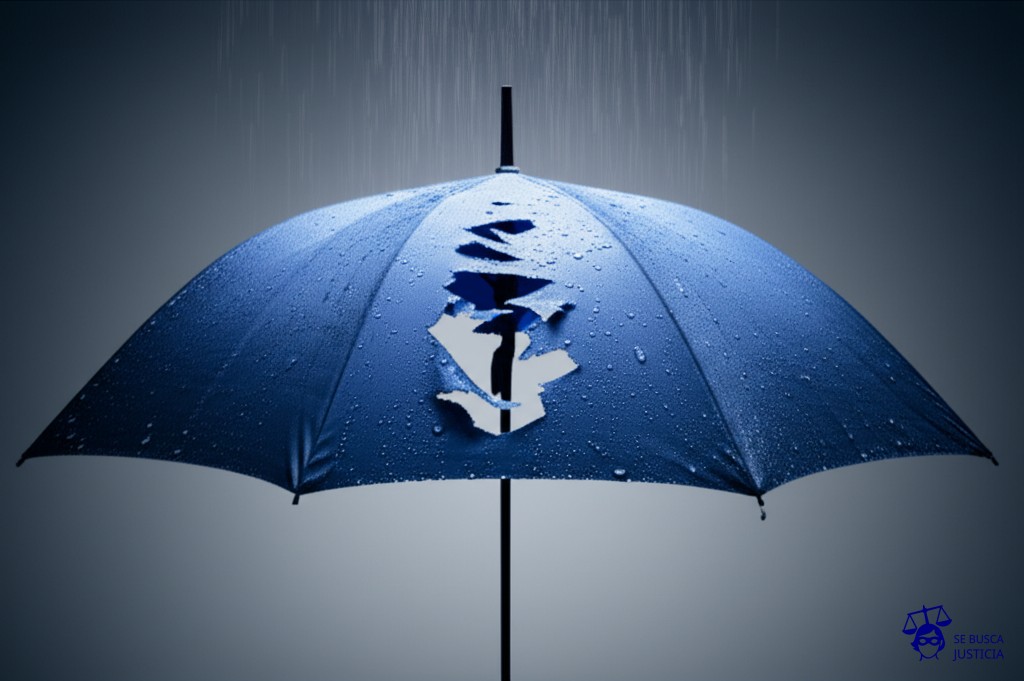 Un gran paraguas (el seguro de salud) con agujeros, lloviendo (necesidad médica) a su alrededor, pero no sobre la persona que lo sostiene. Representa: Fallo de cobertura en un seguro de salud por la supuesta falta de carestía" del servicio médico